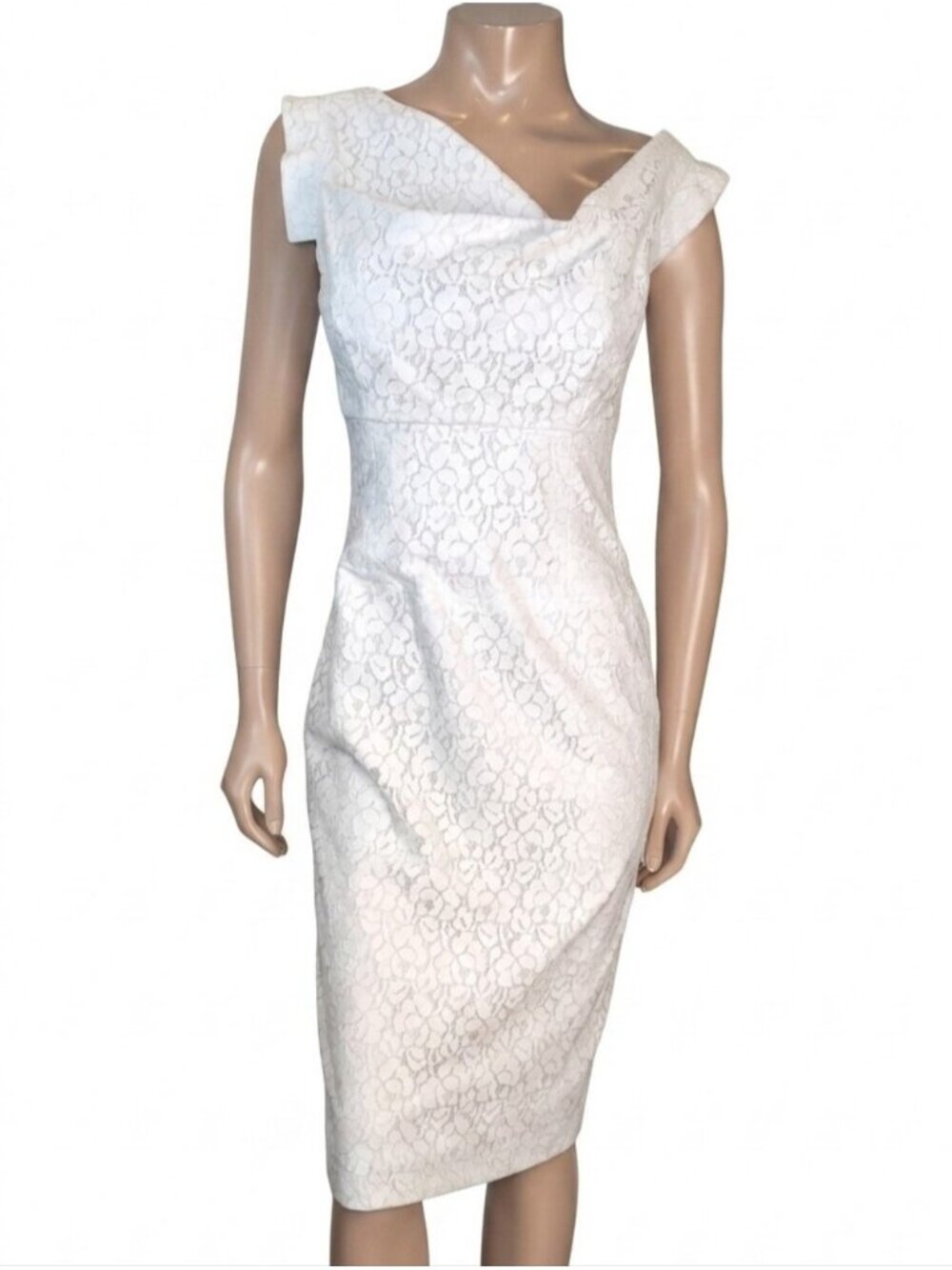 Black Halo White Jackie O Raschel Lace Sheath Dress Size 6 Asymmetric Cocktail